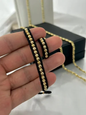 Combo manilla y anillo en balin diamantado italy 4mm, tejido doble